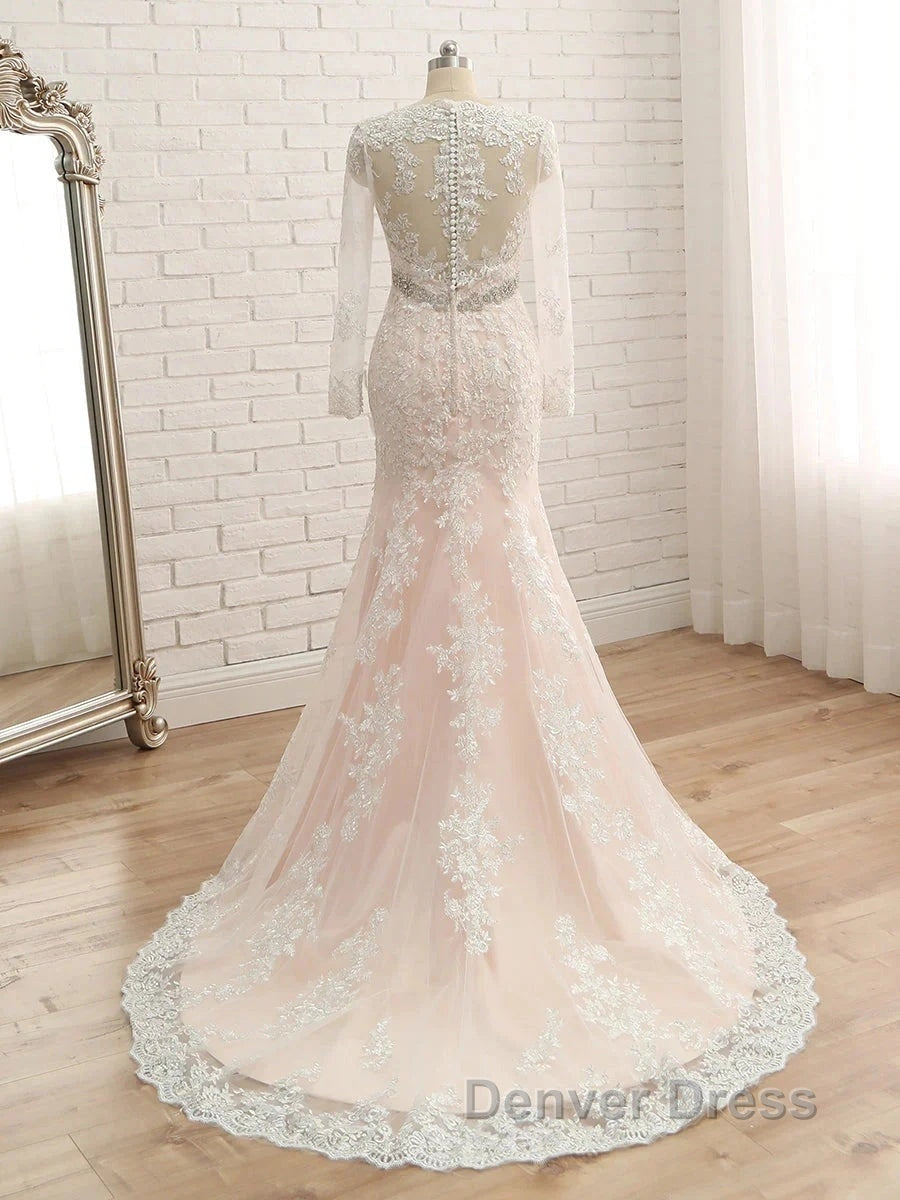Trumpet/Mermaid V-Neck Long Sleeves Applique With Rhinestone Tulle Floor-Length Wedding Dresses Secondary image