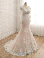 Trumpet Mermaid V Neck Long Sleeves Applique With Rhinestone Tulle Floor Length Wedding Dresses