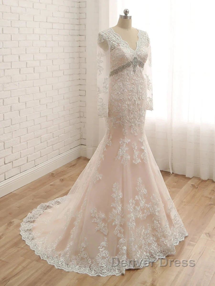 Trumpet Mermaid V Neck Long Sleeves Applique With Rhinestone Tulle Floor Length Wedding Dresses