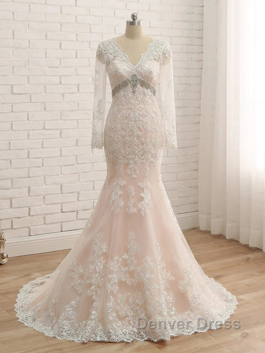Trumpet/Mermaid V-Neck Long Sleeves Applique With Rhinestone Tulle Floor-Length Wedding Dresses
