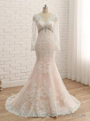 Trumpet/Mermaid V-Neck Long Sleeves Applique With Rhinestone Tulle Floor-Length Wedding Dresses