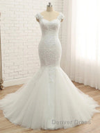 Trumpet Mermaid V Neck Sleeveless Applique Tulle Floor Length Wedding Dresses