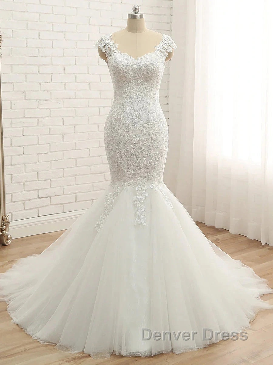 Trumpet Mermaid V Neck Sleeveless Applique Tulle Floor Length Wedding Dresses