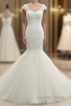 Trumpet Mermaid V Neck Sleeveless Applique Tulle Floor Length Wedding Dresses