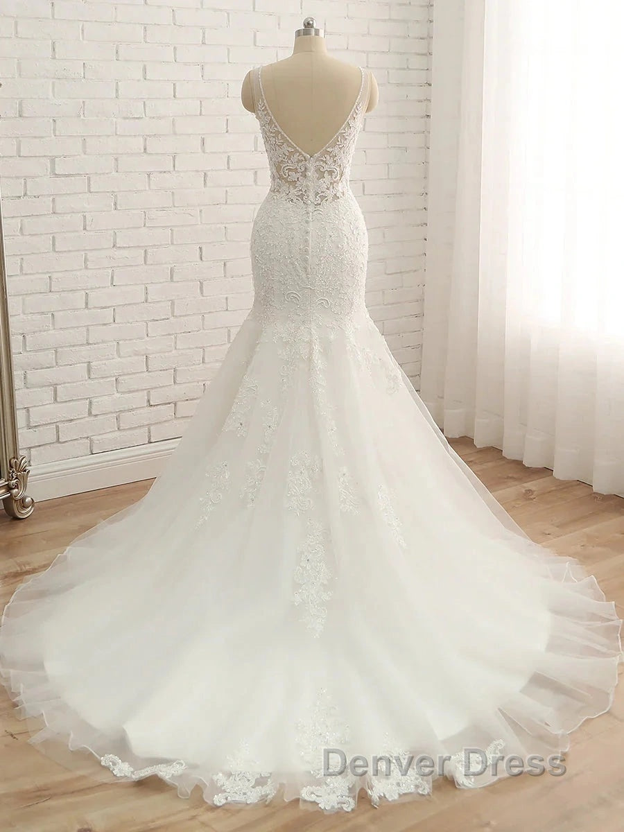 Trumpet/Mermaid V-Neck Sleeveless Applique With Beading Tulle Court Train Wedding Dresses Secondary image