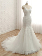 Trumpet Mermaid V Neck Sleeveless Applique With Beading Tulle Court Train Wedding Dresses