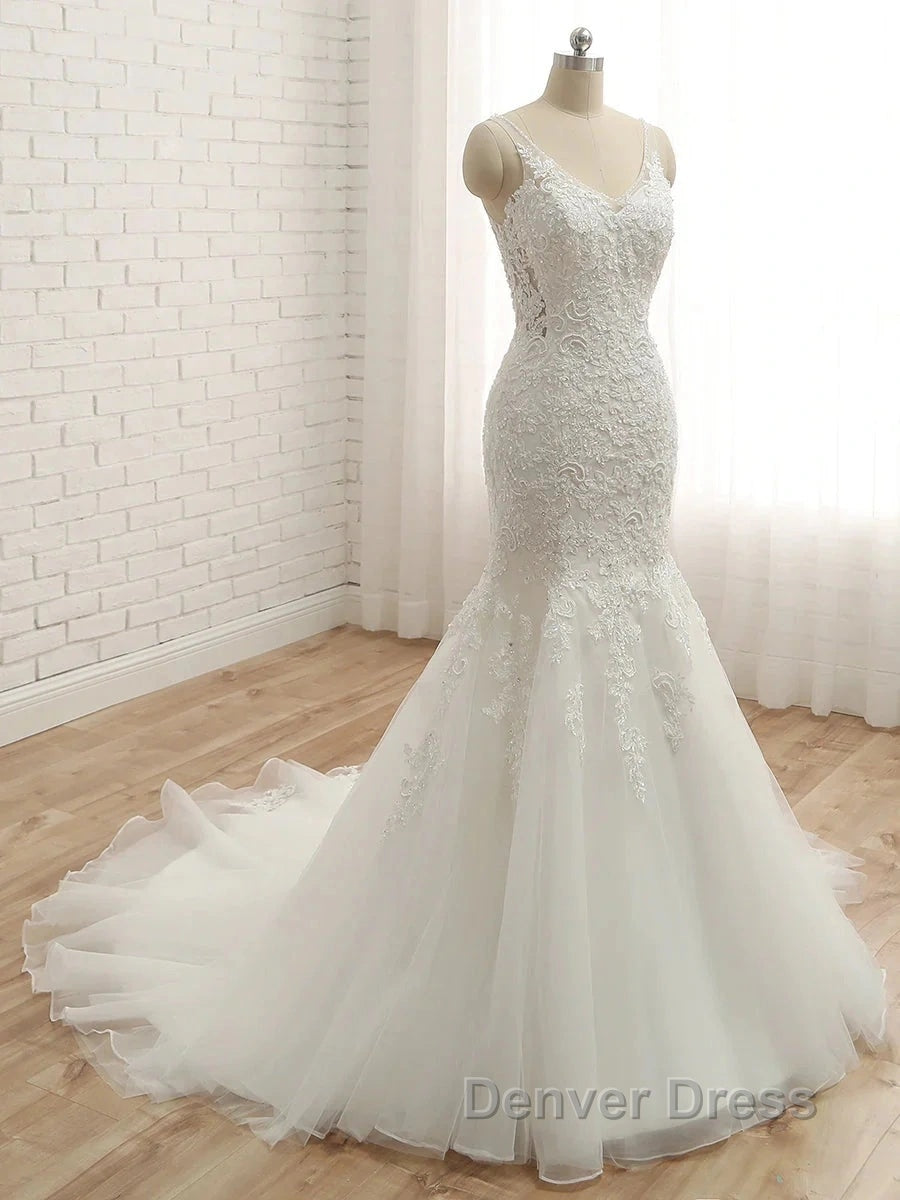 Trumpet Mermaid V Neck Sleeveless Applique With Beading Tulle Court Train Wedding Dresses