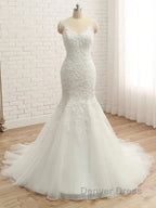 Trumpet Mermaid V Neck Sleeveless Applique With Beading Tulle Court Train Wedding Dresses