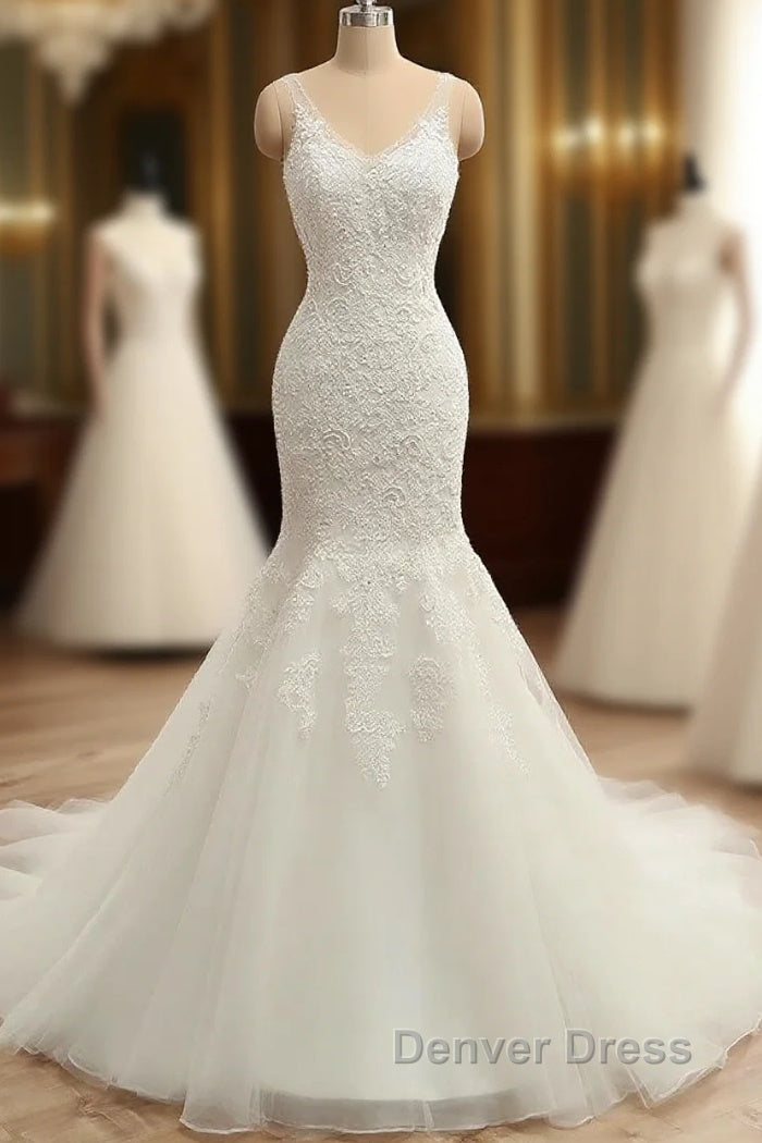 Trumpet Mermaid V Neck Sleeveless Applique With Beading Tulle Court Train Wedding Dresses Main image
