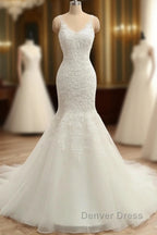 Trumpet Mermaid V Neck Sleeveless Applique With Beading Tulle Court Train Wedding Dresses