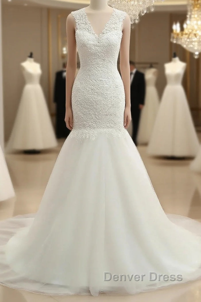 Trumpet/Mermaid V-Neck Sleeveless Applique With Sequin Tulle Court Train Wedding Dresses Main image