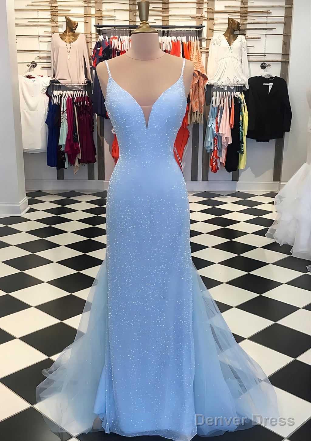 Trumpet Mermaid V Neck Sleeveless Court Train Lace Tulle Prom Dresses