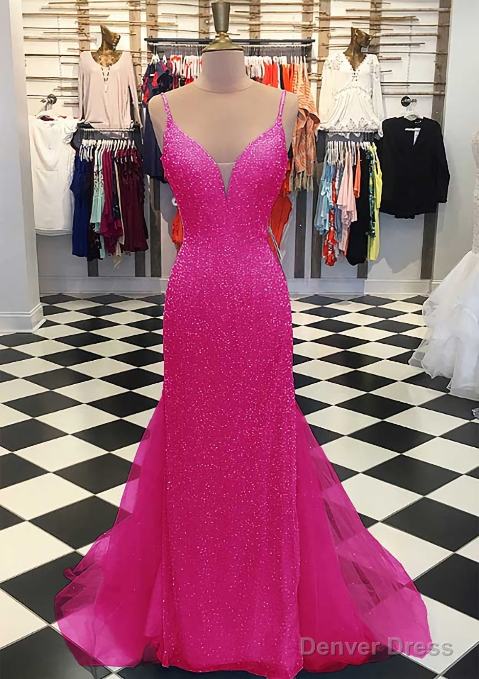 Trumpet Mermaid V Neck Sleeveless Court Train Lace Tulle Prom Dresses