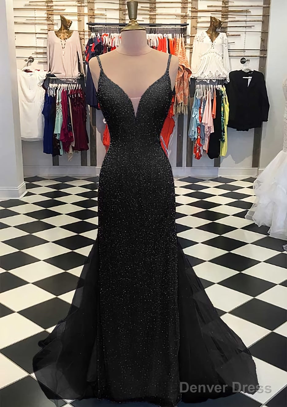 Trumpet Mermaid V Neck Sleeveless Court Train Lace Tulle Prom Dresses
