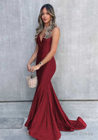 Trumpet Mermaid V Neck Sleeveless Sweep Train Jersey Prom Dresses