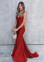Trumpet Mermaid V Neck Sleeveless Sweep Train Jersey Prom Dresses