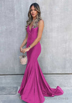 Trumpet Mermaid V Neck Sleeveless Sweep Train Jersey Prom Dresses