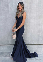Trumpet Mermaid V Neck Sleeveless Sweep Train Jersey Prom Dresses