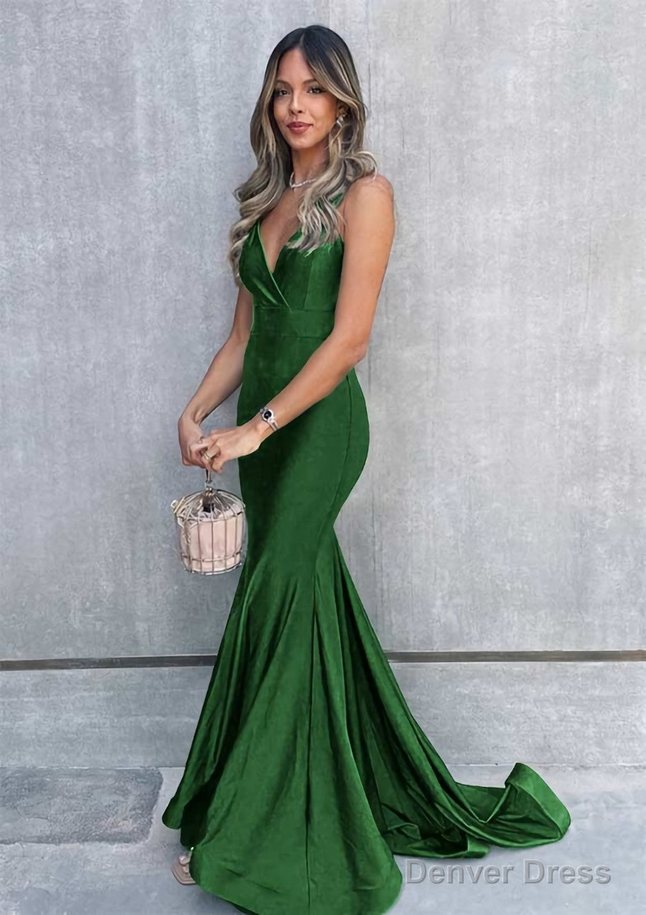 Trumpet Mermaid V Neck Sleeveless Sweep Train Jersey Prom Dresses