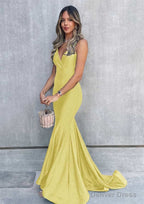 Trumpet Mermaid V Neck Sleeveless Sweep Train Jersey Prom Dresses