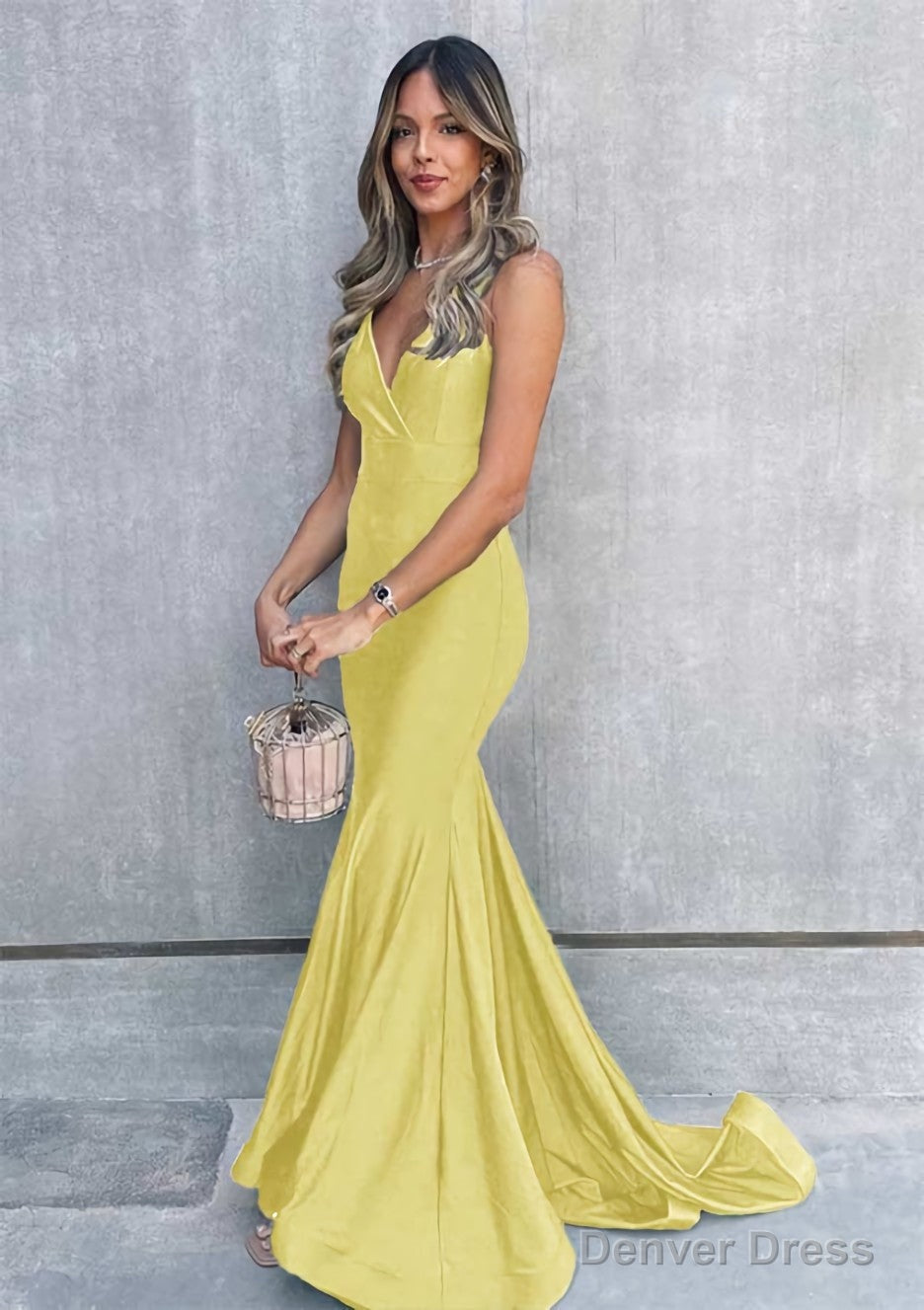 Trumpet Mermaid V Neck Sleeveless Sweep Train Jersey Prom Dresses