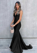 Trumpet Mermaid V Neck Sleeveless Sweep Train Jersey Prom Dresses