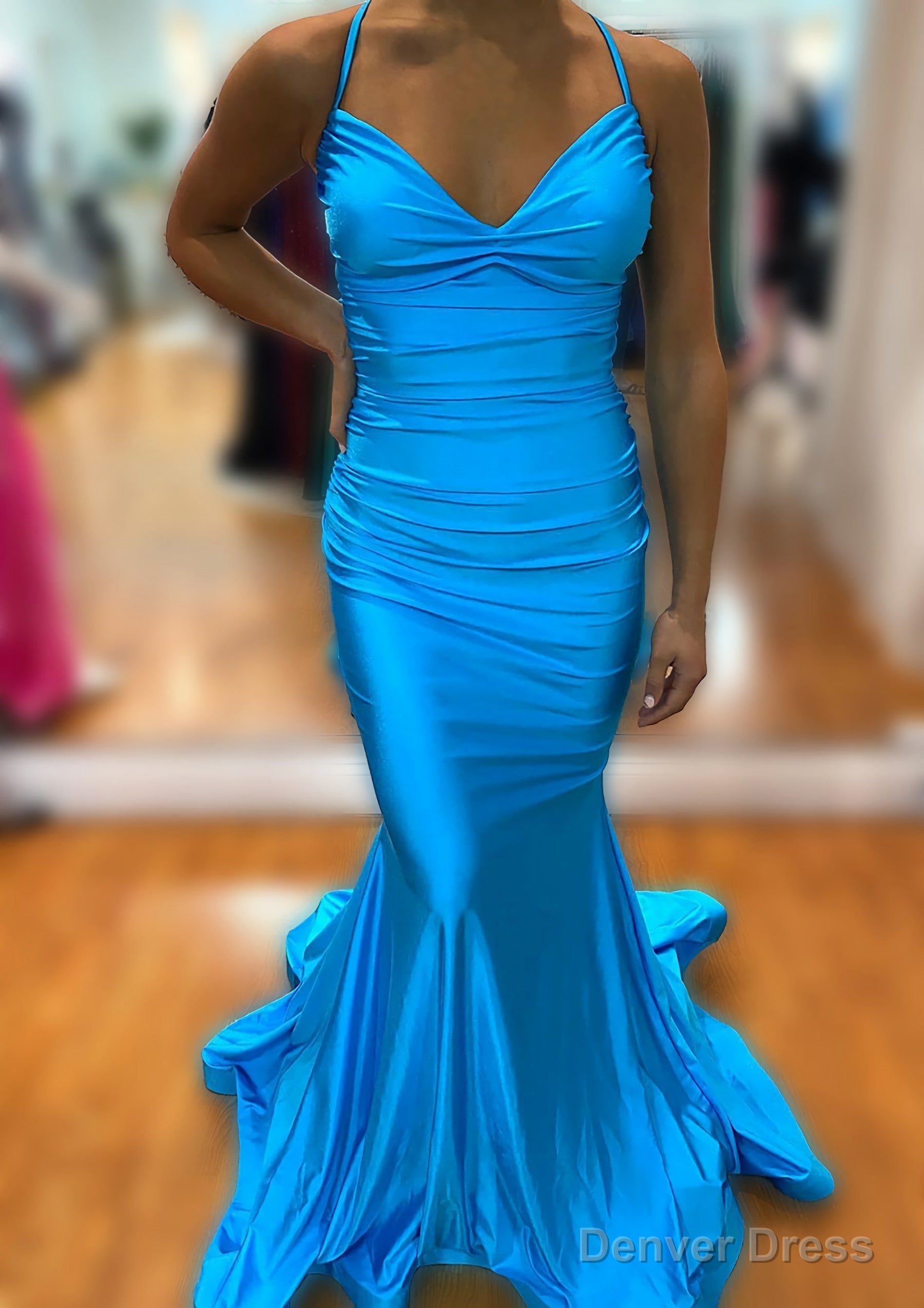 Trumpet/Mermaid V Neck Sleeveless Sweep Train Jersey Prom Dresses With Pleated Main image