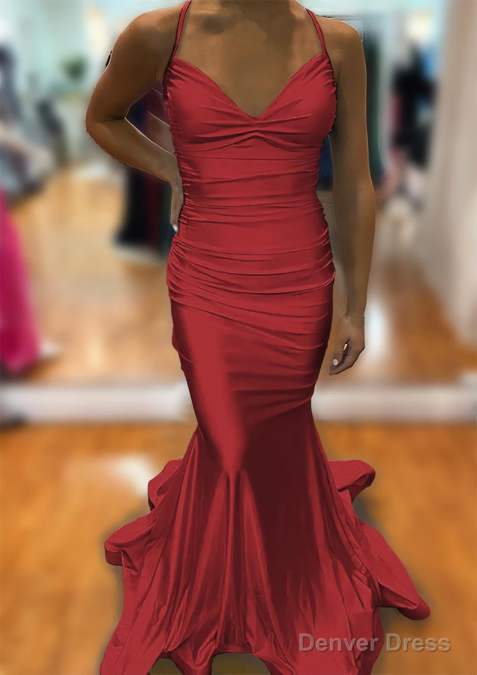 Trumpet Mermaid V Neck Sleeveless Sweep Train Jersey Prom Dresses With Pleated