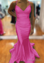 Trumpet/Mermaid V Neck Sleeveless Sweep Train Jersey Prom Dresses With Pleated