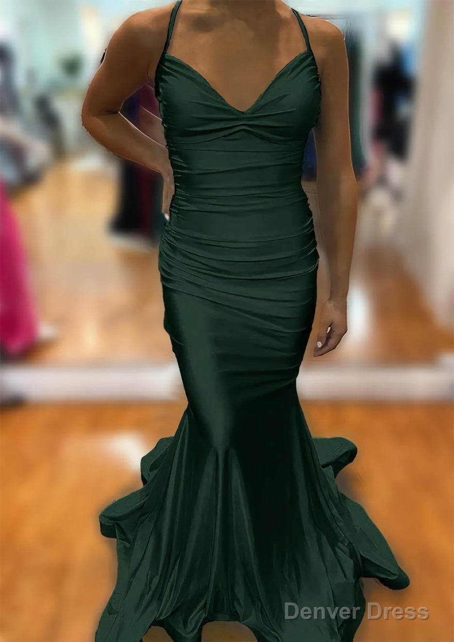 Trumpet/Mermaid V Neck Sleeveless Sweep Train Jersey Prom Dresses With Pleated
