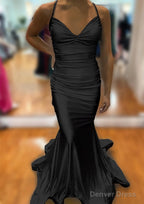 Trumpet Mermaid V Neck Sleeveless Sweep Train Jersey Prom Dresses With Pleated