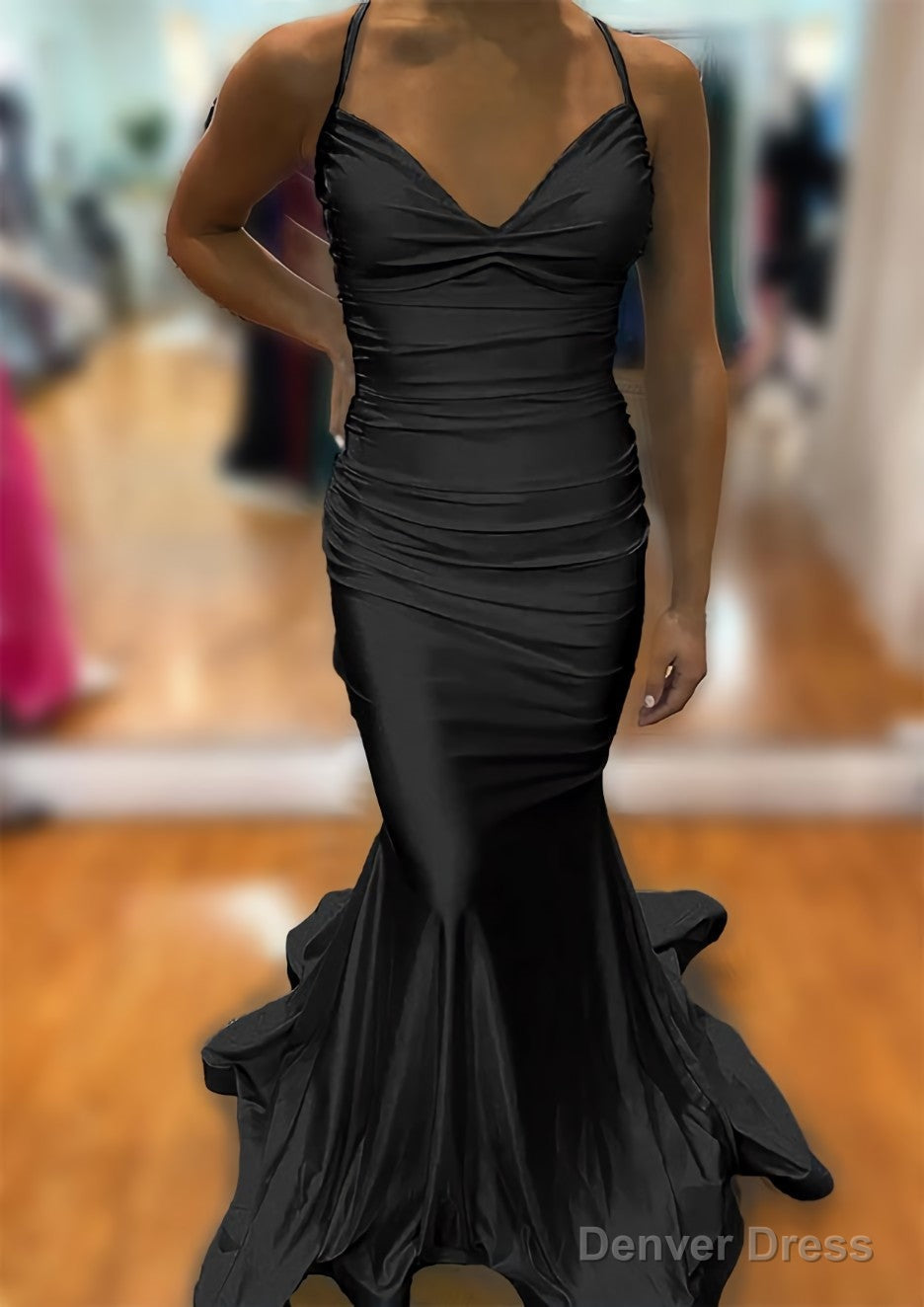 Trumpet Mermaid V Neck Sleeveless Sweep Train Jersey Prom Dresses With Pleated