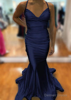 Trumpet Mermaid V Neck Sleeveless Sweep Train Jersey Prom Dresses With Pleated