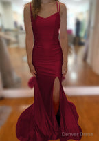 Trumpet Mermaid V Neck Sleeveless Sweep Train Jersey Prom Dresses With Split Pleated