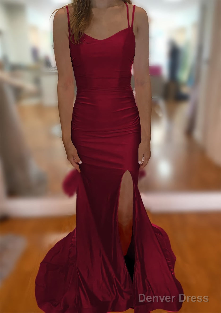 Trumpet Mermaid V Neck Sleeveless Sweep Train Jersey Prom Dresses With Split Pleated