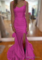 Trumpet Mermaid V Neck Sleeveless Sweep Train Jersey Prom Dresses With Split Pleated