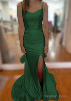 Trumpet Mermaid V Neck Sleeveless Sweep Train Jersey Prom Dresses With Split Pleated