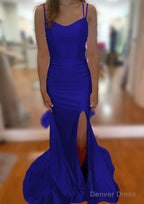 Trumpet Mermaid V Neck Sleeveless Sweep Train Jersey Prom Dresses With Split Pleated