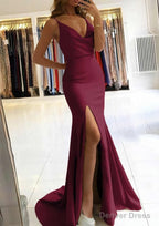 Trumpet Mermaid V Neck Sleeveless Sweep Train Satin Prom Dresses