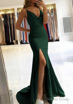 Trumpet Mermaid V Neck Sleeveless Sweep Train Satin Prom Dresses