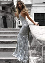 Trumpet Mermaid V Neck Sleeveless Sweep Train Tulle Prom Dresses With Beading Appliqued