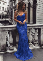 Trumpet Mermaid V Neck Sleeveless Sweep Train Tulle Prom Dresses With Beading Appliqued