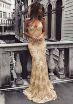 Trumpet Mermaid V Neck Sleeveless Sweep Train Tulle Prom Dresses With Beading Appliqued