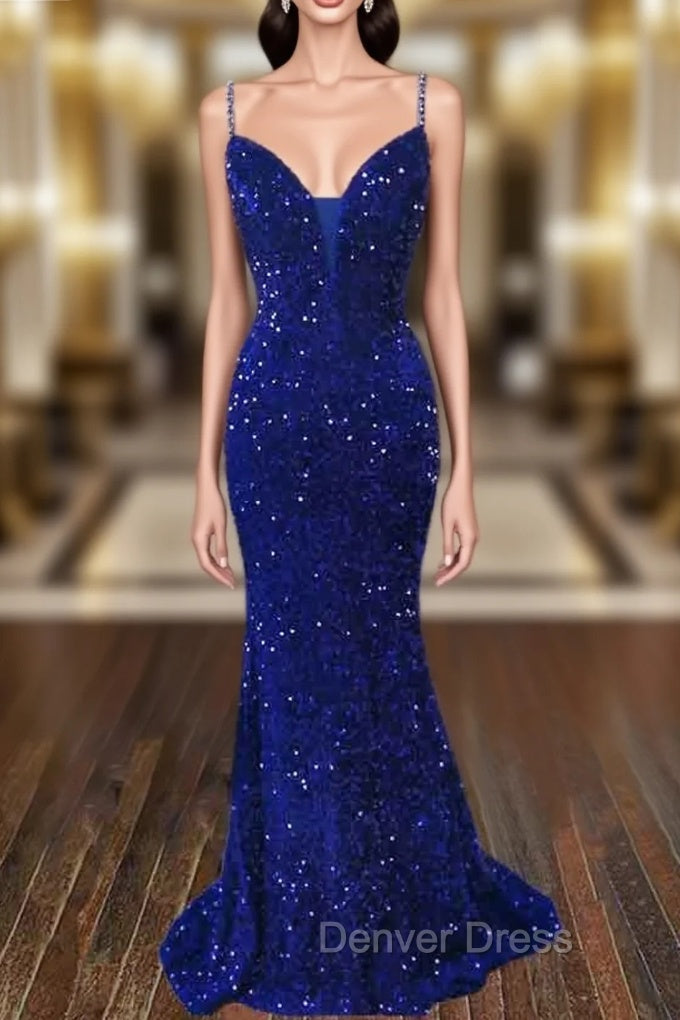 Trumpet/Mermaid V Neck Sleeveless Sweep Train Velvet Sequins Prom Dresses