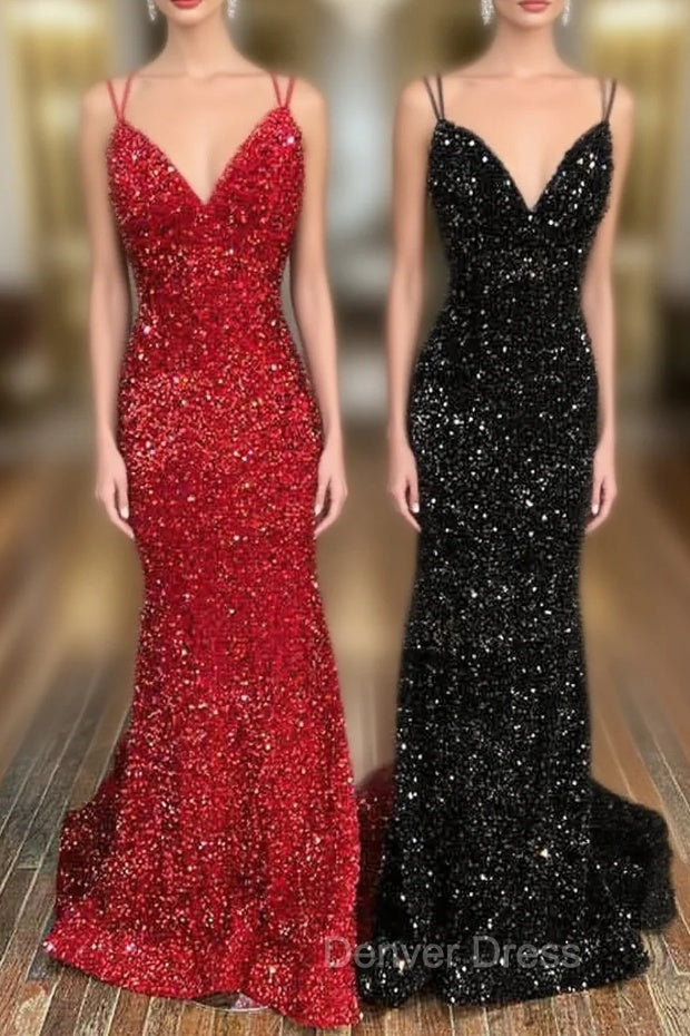 Trumpet/Mermaid V Neck Sleeveless Velvet Sequins Court Train Prom Dresses With Pleated