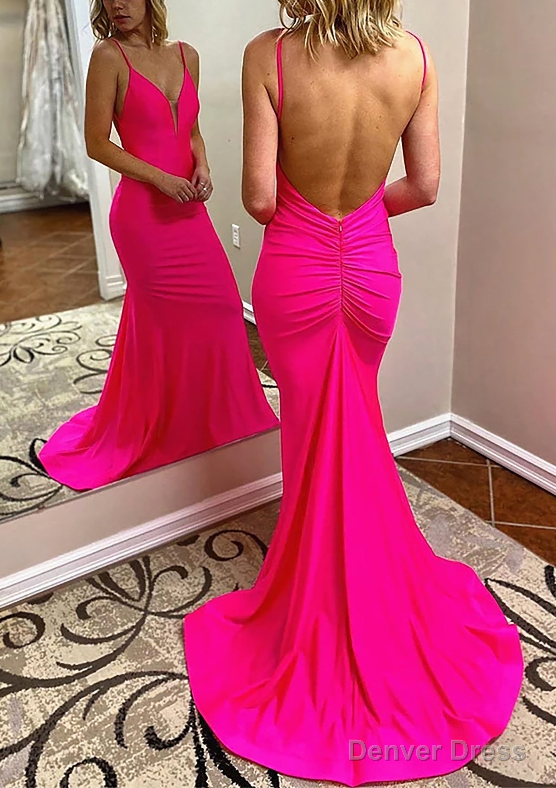 Trumpet/Mermaid V Neck Spaghetti Straps Court Train Jersey Prom Dresses With Pleated Main image