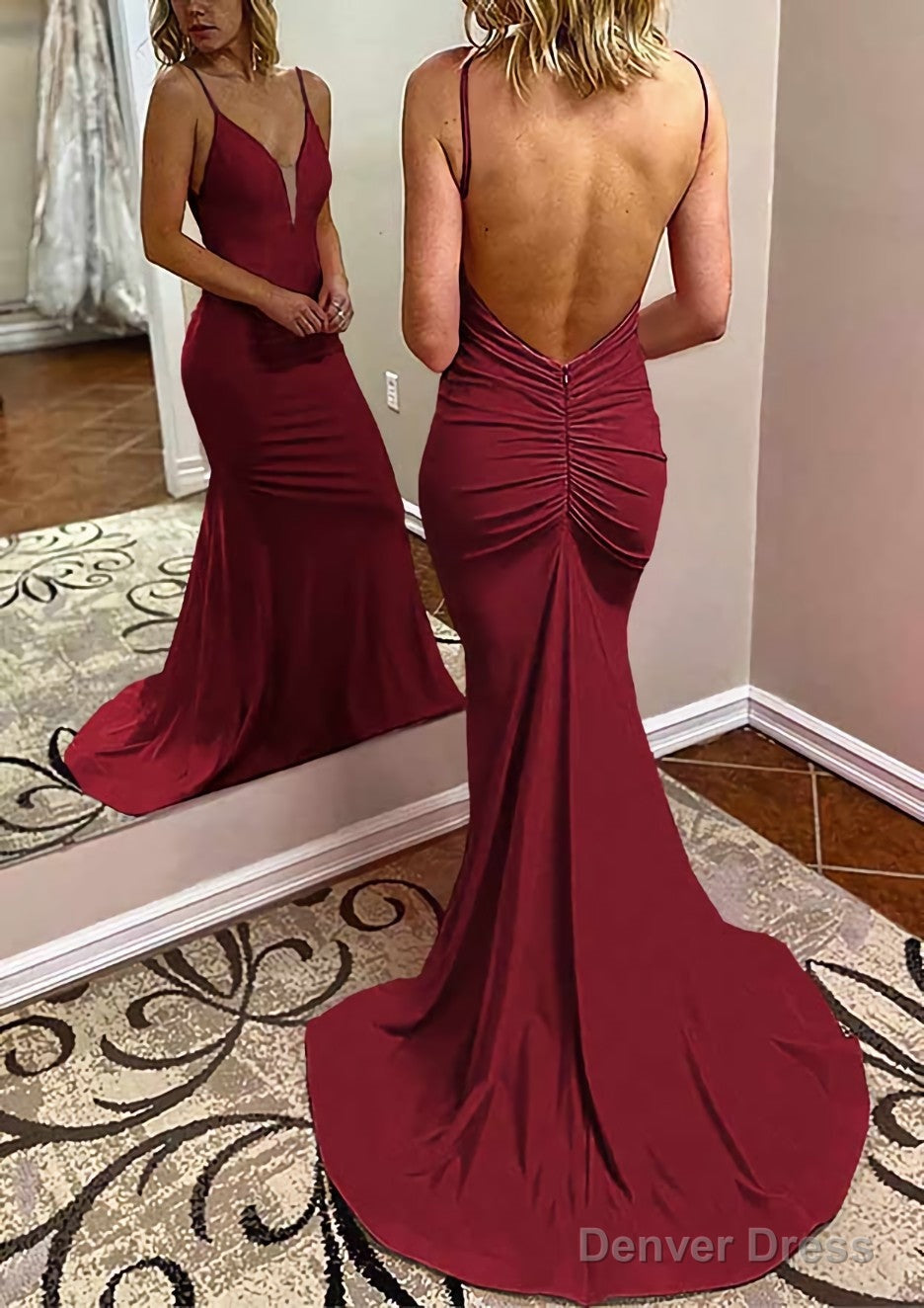 Trumpet/Mermaid V Neck Spaghetti Straps Court Train Jersey Prom Dresses With Pleated