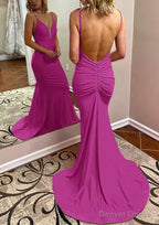 Trumpet Mermaid V Neck Spaghetti Straps Court Train Jersey Prom Dresses With Pleated