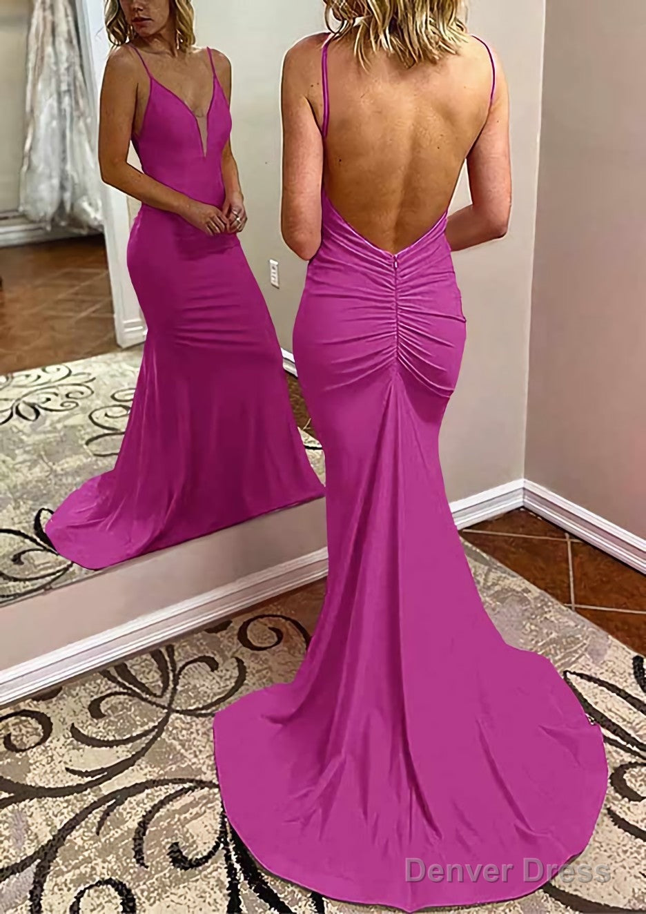 Trumpet Mermaid V Neck Spaghetti Straps Court Train Jersey Prom Dresses With Pleated