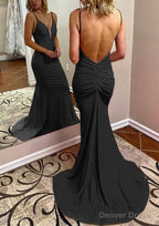 Trumpet Mermaid V Neck Spaghetti Straps Court Train Jersey Prom Dresses With Pleated
